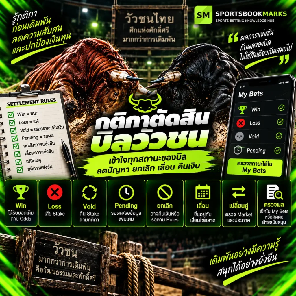 กติกาตัดสินบิลวัวชน Win Loss Void Pending ยกเลิก เลื่อน และคืนเงิน
