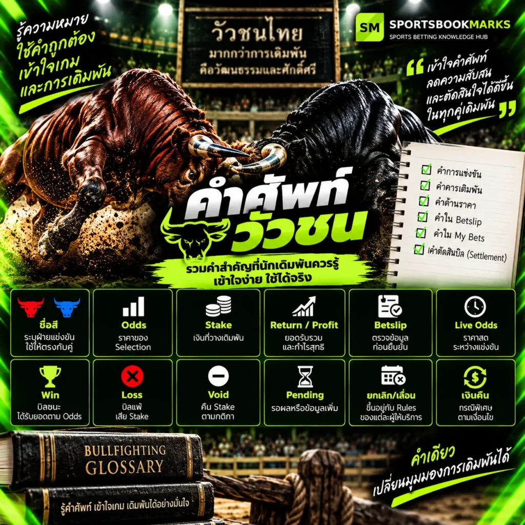 คำศัพท์วัวชน Odds Stake Betslip Win Loss Void และ Settlement