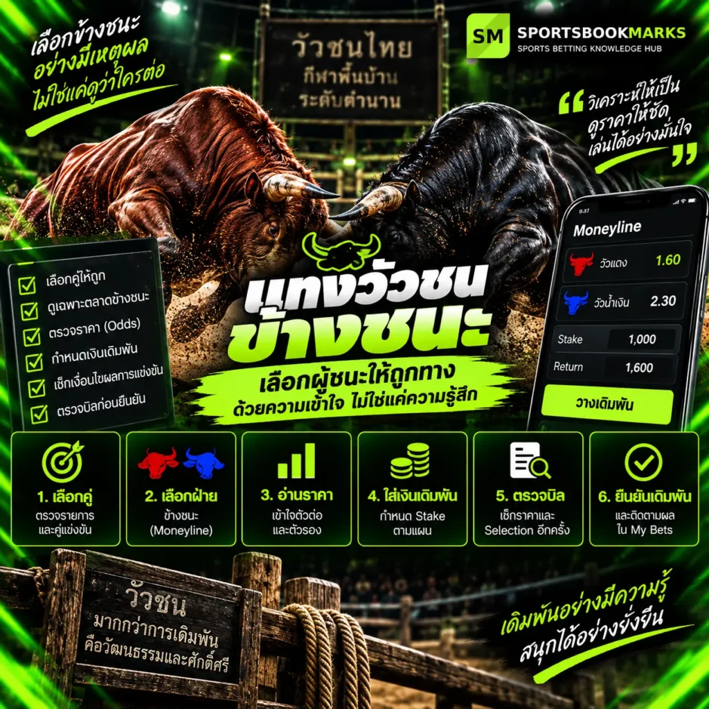 แทงวัวชนข้างชนะ Moneyline วิธีเลือกฝ่าย อ่านราคา Odds และตรวจ Betslip