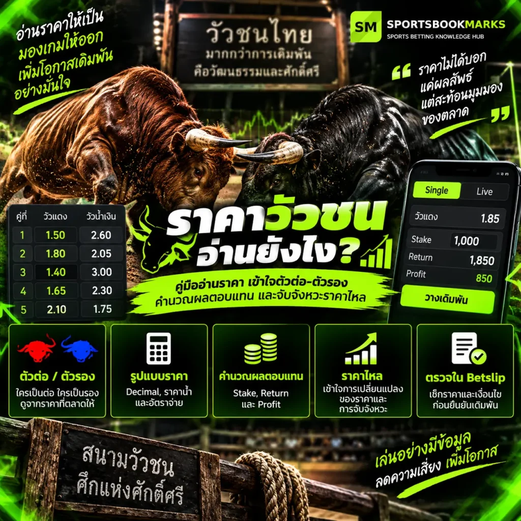 ราคาวัวชน วิธีอ่านตัวต่อ ตัวรอง ราคาน้ำ Decimal Odds และคำนวณผลตอบแทน