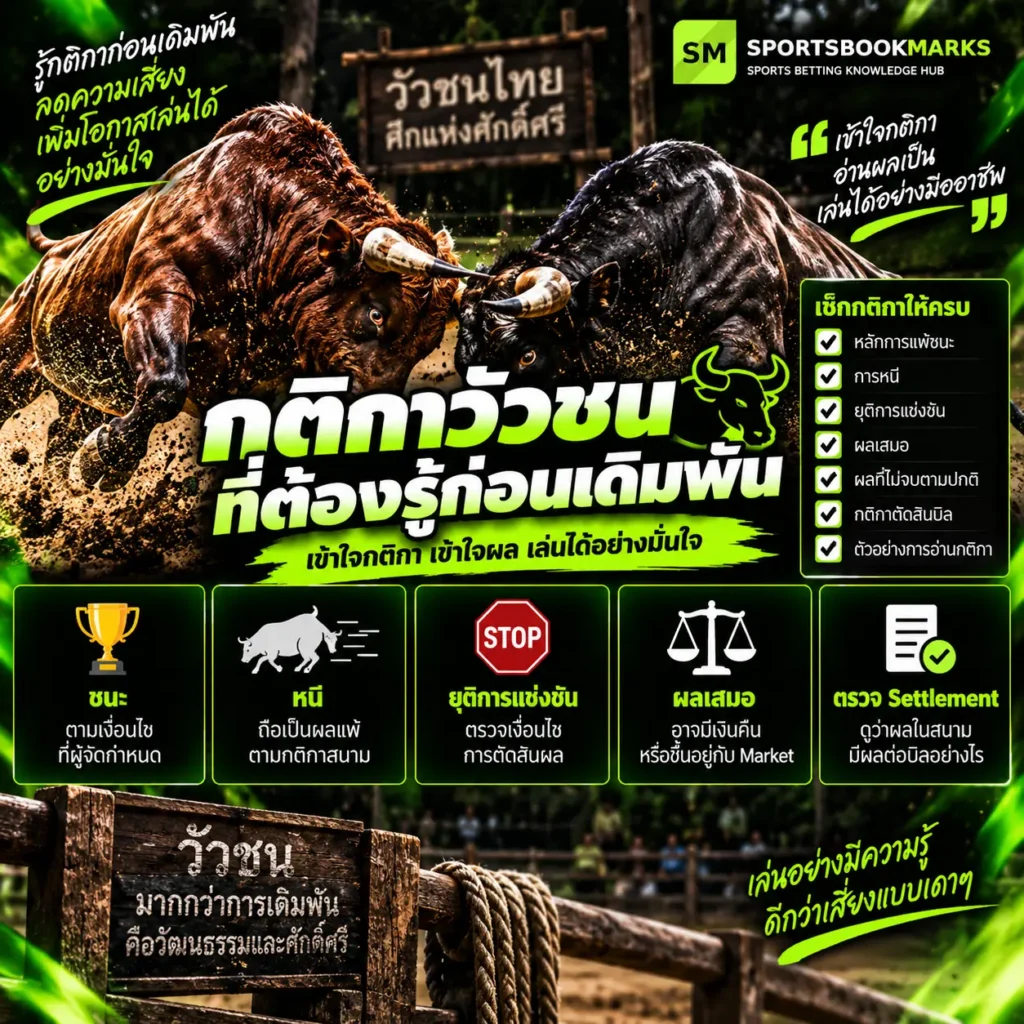 กติกาวัวชน วิธีดูแพ้ชนะ การหนี ยุติการแข่งขัน ผลเสมอ และ Settlement ก่อนเดิมพัน