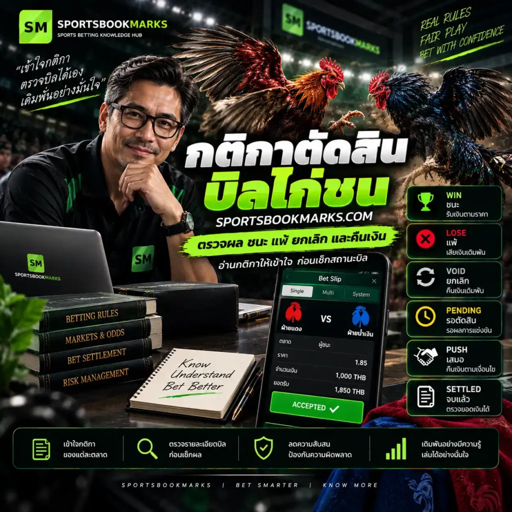 กติกาตัดสินบิลไก่ชน ตรวจสถานะ Win Lose Void Pending และการคืนเงิน