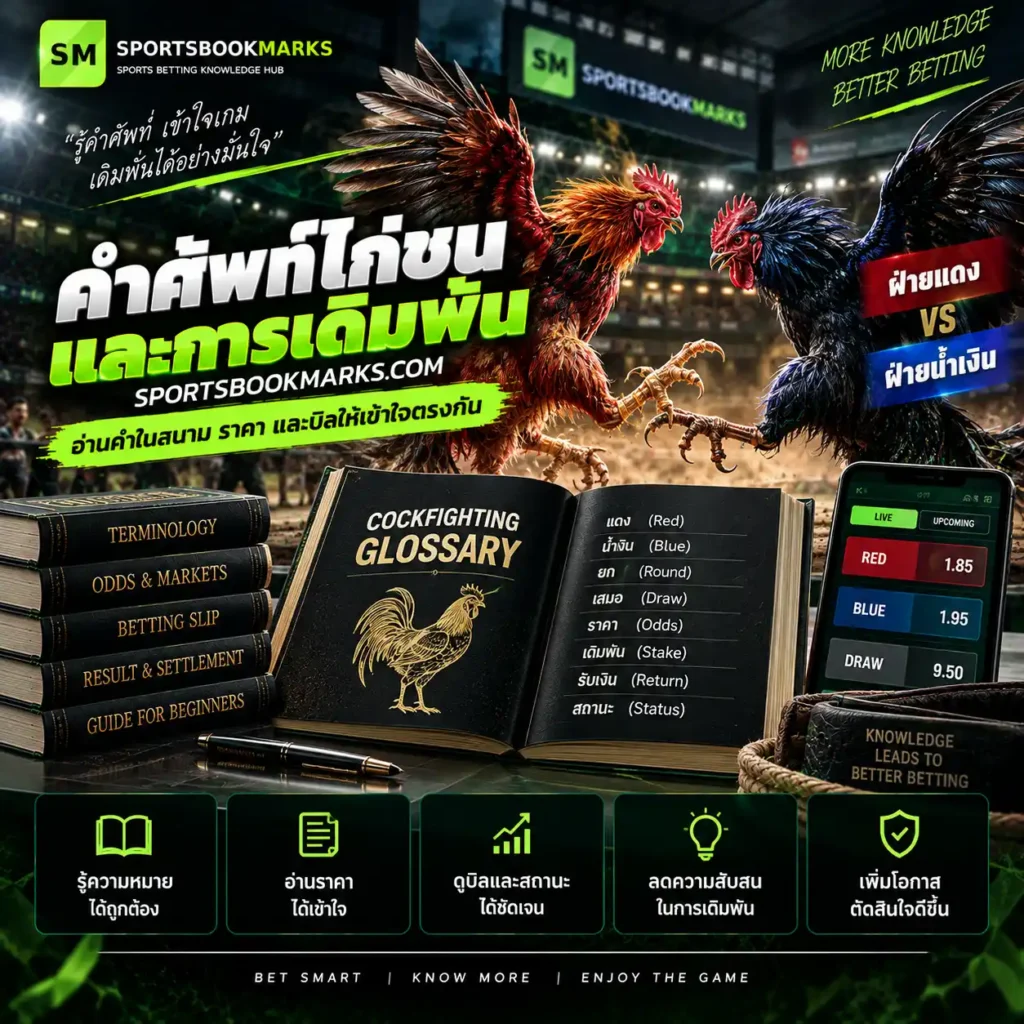 คำศัพท์ไก่ชน และการเดิมพัน ฝ่ายแดง ฝ่ายน้ำเงิน ราคา Stake Return และสถานะบิล