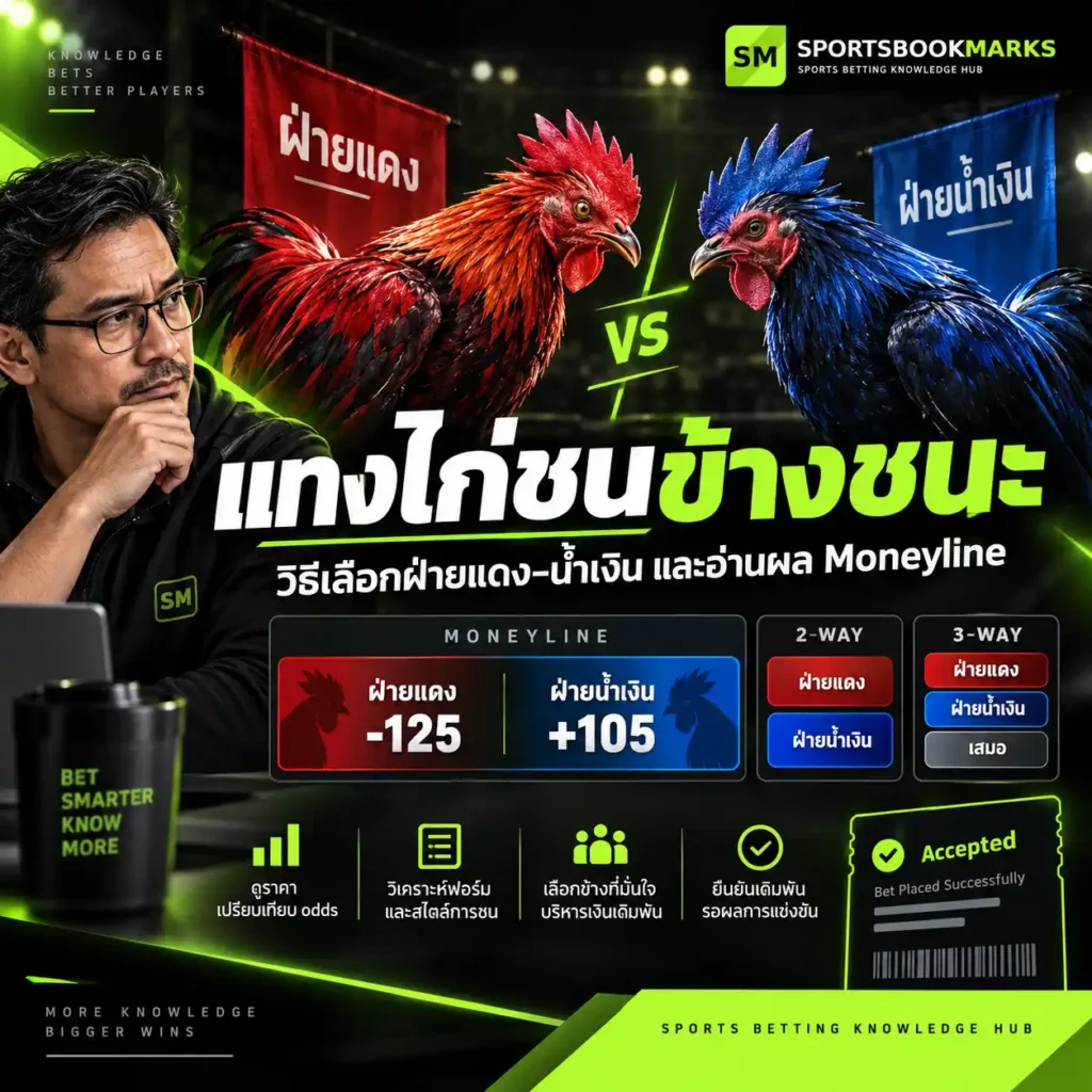 แทงไก่ชนข้างชนะ วิธีเลือกฝ่ายแดง ฝ่ายน้ำเงิน อ่านราคา Moneyline และตรวจบิล Accepted