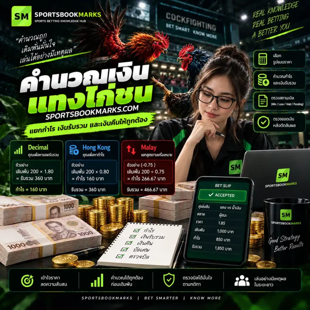 คำนวณเงินแทงไก่ชน แยกกำไร เงินรับรวม เงินคืน และรูปแบบราคา Decimal Hong Kong Malay