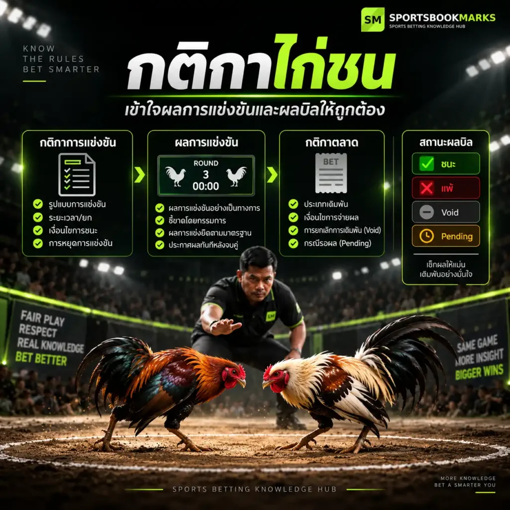 กติกาไก่ชน วิธีตรวจผลการแข่งขัน ผลทางการ และสถานะบิล ชนะ แพ้ Void Pending