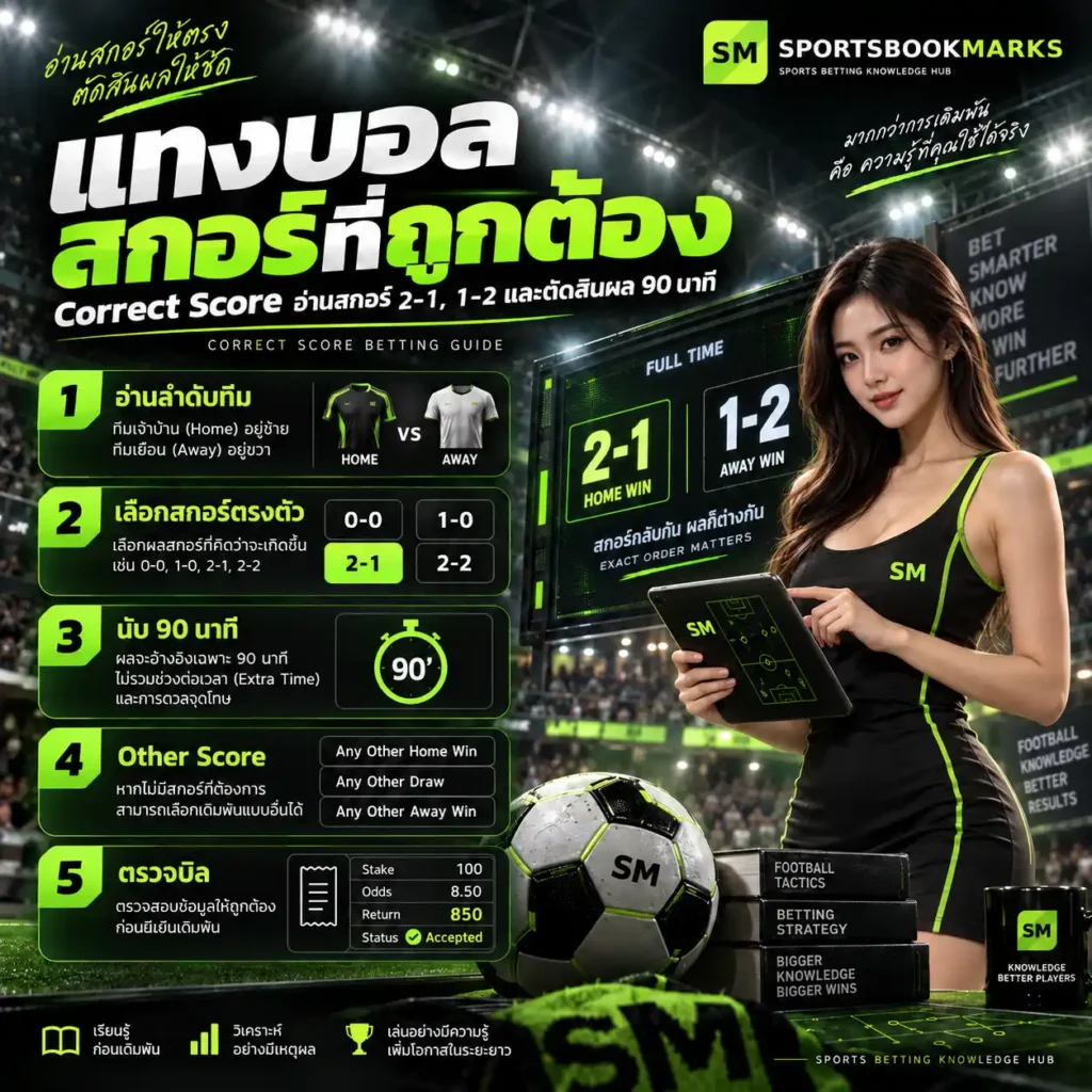 แทงบอลสกอร์ที่ถูกต้อง วิธีอ่าน Correct Score 2-1 1-2 และผล 90 นาที