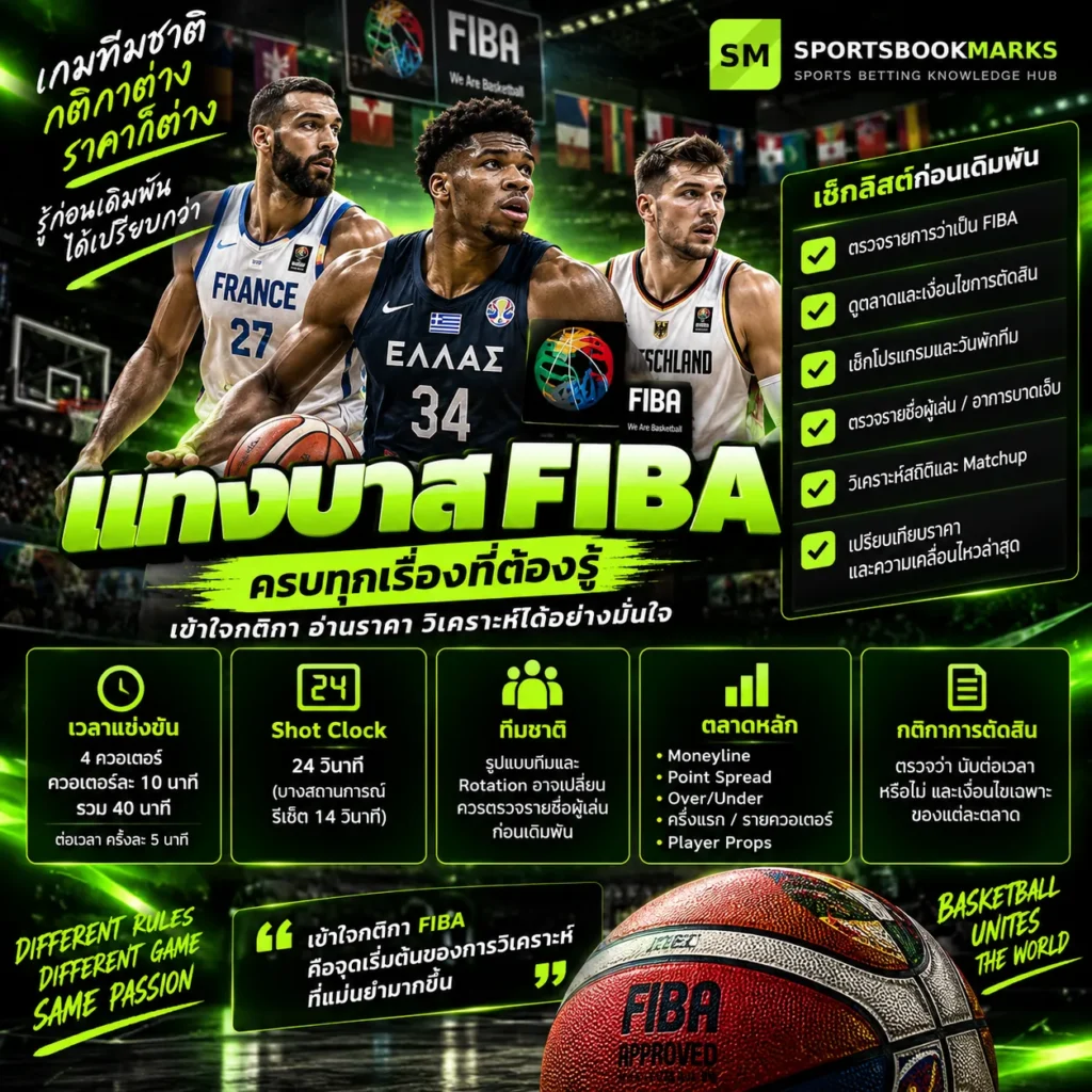 แทงบาส FIBA คู่มือกติกา เวลาแข่งขัน แต้มต่อ สูงต่ำ และ Moneyline