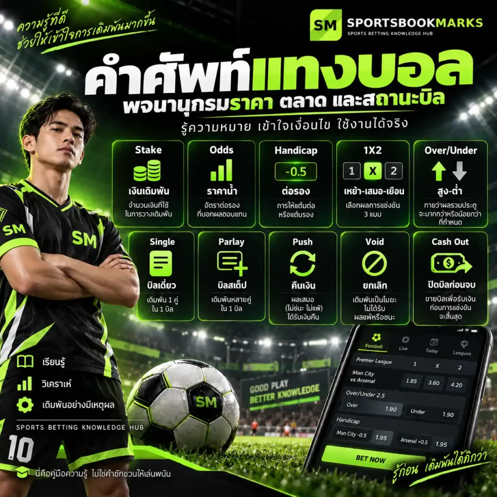 คำศัพท์แทงบอล Stake Odds Handicap 1X2 Over Under Single Parlay Push Void และ Cash Out