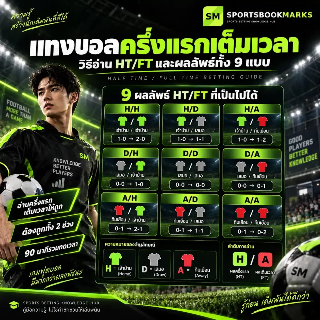 แทงบอลครึ่งแรกเต็มเวลา วิธีอ่าน HT FT ผลลัพธ์ 9 แบบ H D A และ 1 X 2