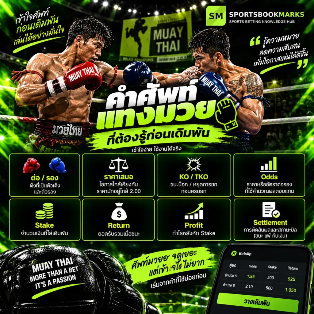คำศัพท์แทงมวย อธิบายมวยต่อมวยรอง ราคาเสมอ KO TKO Odds Stake Return และ Settlement