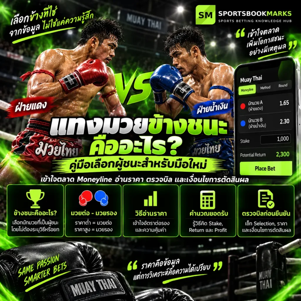 แทงมวยข้างชนะ Moneyline วิธีเลือกผู้ชนะ อ่านราคามวยต่อมวยรอง และตรวจ Betslip
