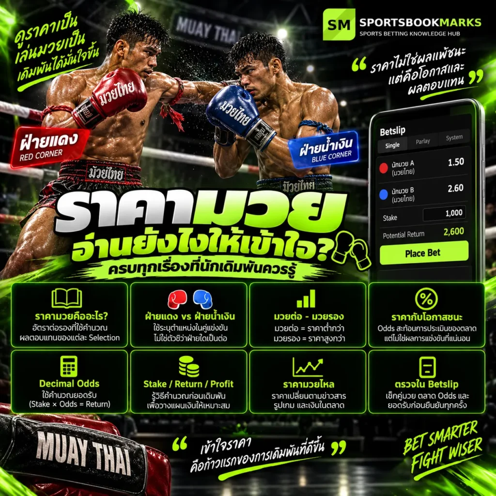 ราคามวย อ่านยังไง อธิบายมวยต่อมวยรอง ฝ่ายแดงฝ่ายน้ำเงิน Decimal Odds และการคำนวณยอดรับ