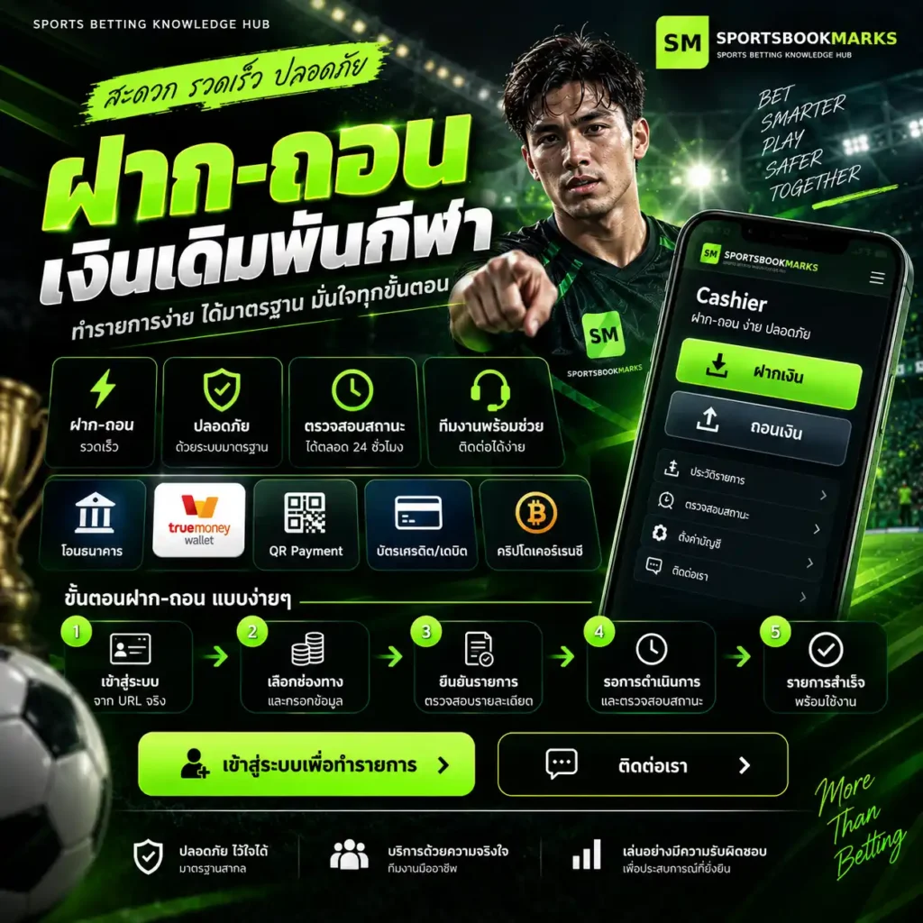 ฝาก-ถอน เงินเดิมพันกีฬาอย่างปลอดภัย ตรวจสถานะรายการ ค่าธรรมเนียม และข้อมูลบัญชี