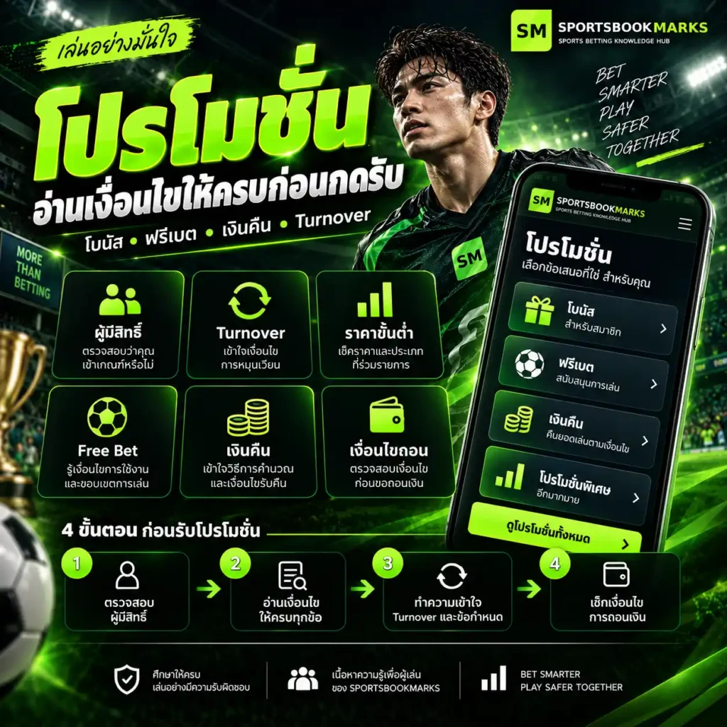 โปรโมชั่น เดิมพันกีฬา ตรวจโบนัส Turnover ฟรีเบต เงินคืน และเงื่อนไขก่อนกดรับ