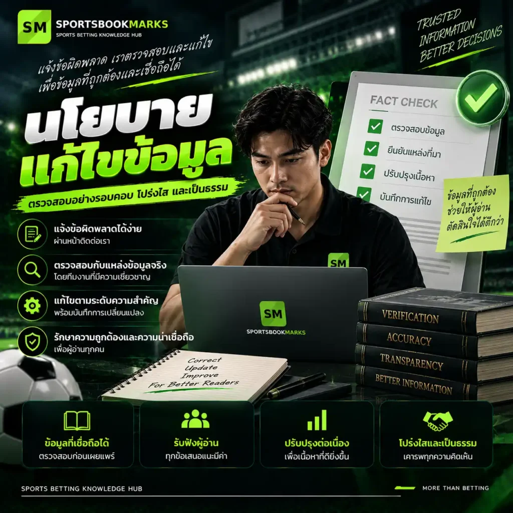 นโยบายแก้ไขข้อมูล Sportsbookmarks การตรวจข้อผิดพลาด ตรวจหลักฐาน และบันทึกการแก้ไขอย่างโปร่งใส