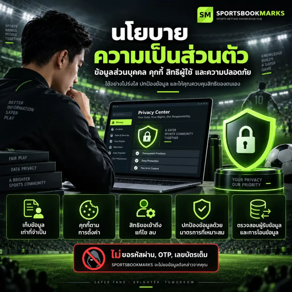 นโยบายความเป็นส่วนตัว Sportsbookmarks ข้อมูลส่วนบุคคล คุกกี้ สิทธิผู้ใช้ และความปลอดภัยของข้อมูล