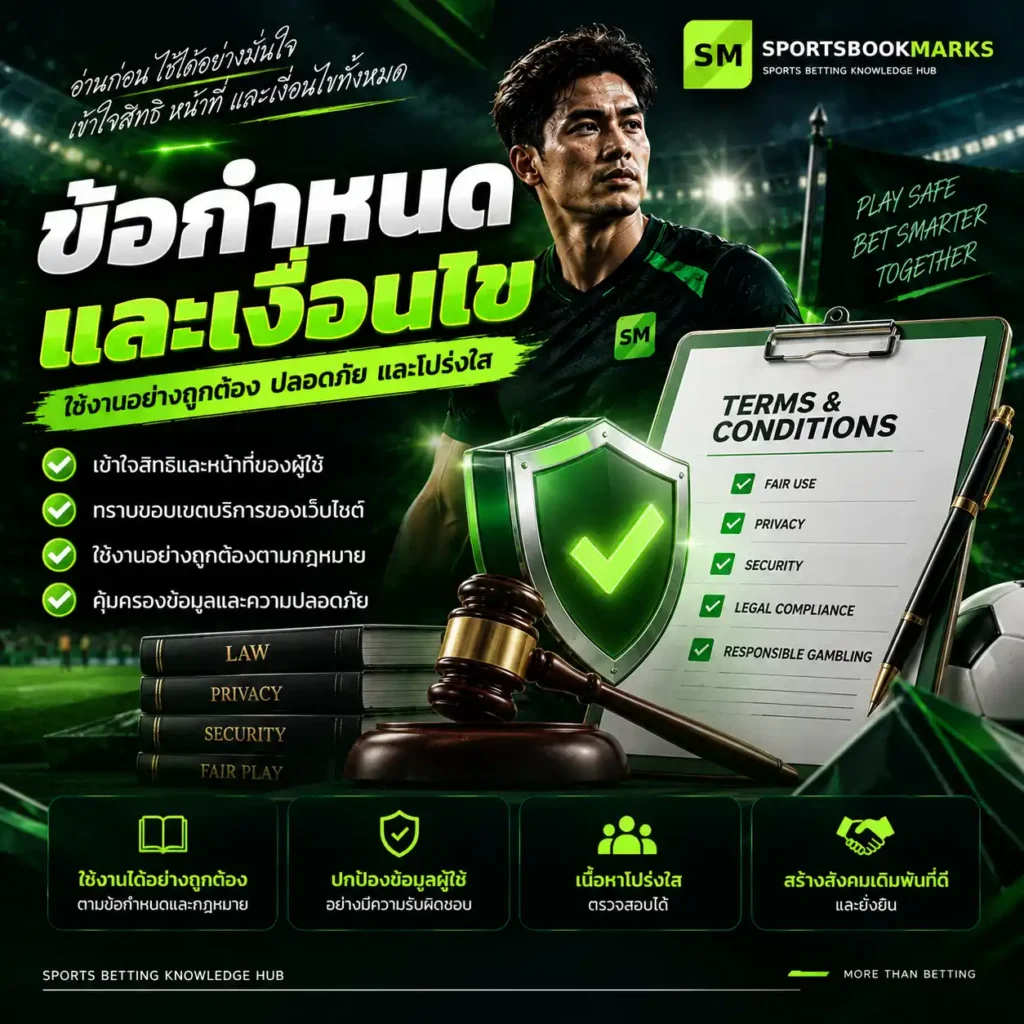 ข้อกำหนดและเงื่อนไข Sportsbookmarks สิทธิผู้ใช้ การใช้งาน ความเป็นส่วนตัว และความปลอดภัย